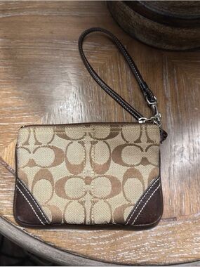 Coach Tan and Brown Signature Canvas Wristlet with Leather Trim